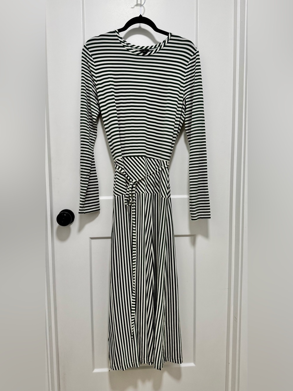 Ann Taylor Dark Green and White Striped Long Sleeve Wrap-Style Dress
